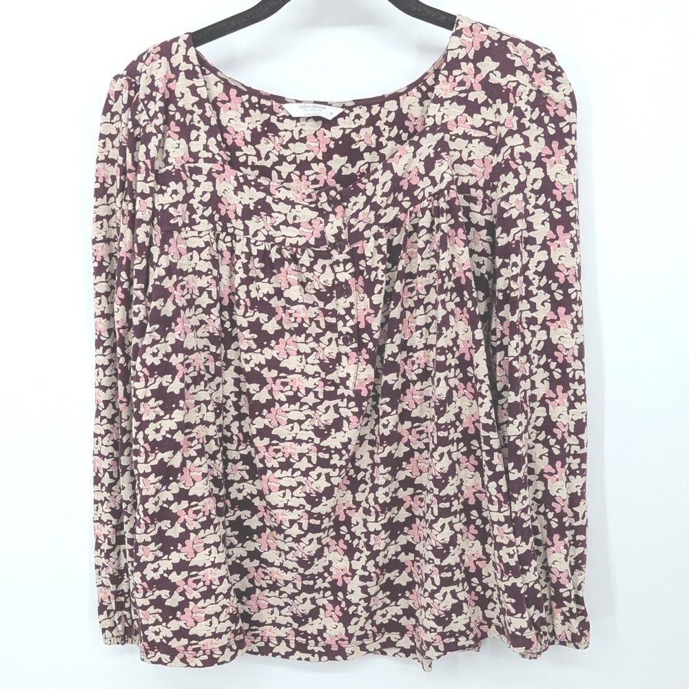 Lucky Brand Blouse Women XL Burgundy Floral Long Sleeve Cotton Henley Top Spring
